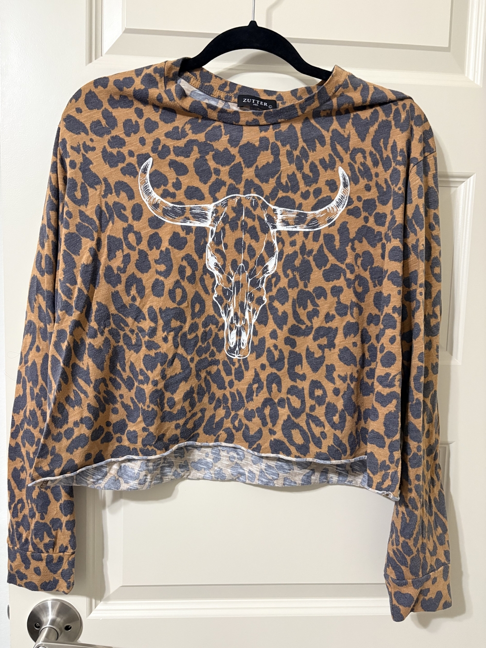Zutter Leopard Print Long-Sleeve Top with Bull Skull - Brown & Black